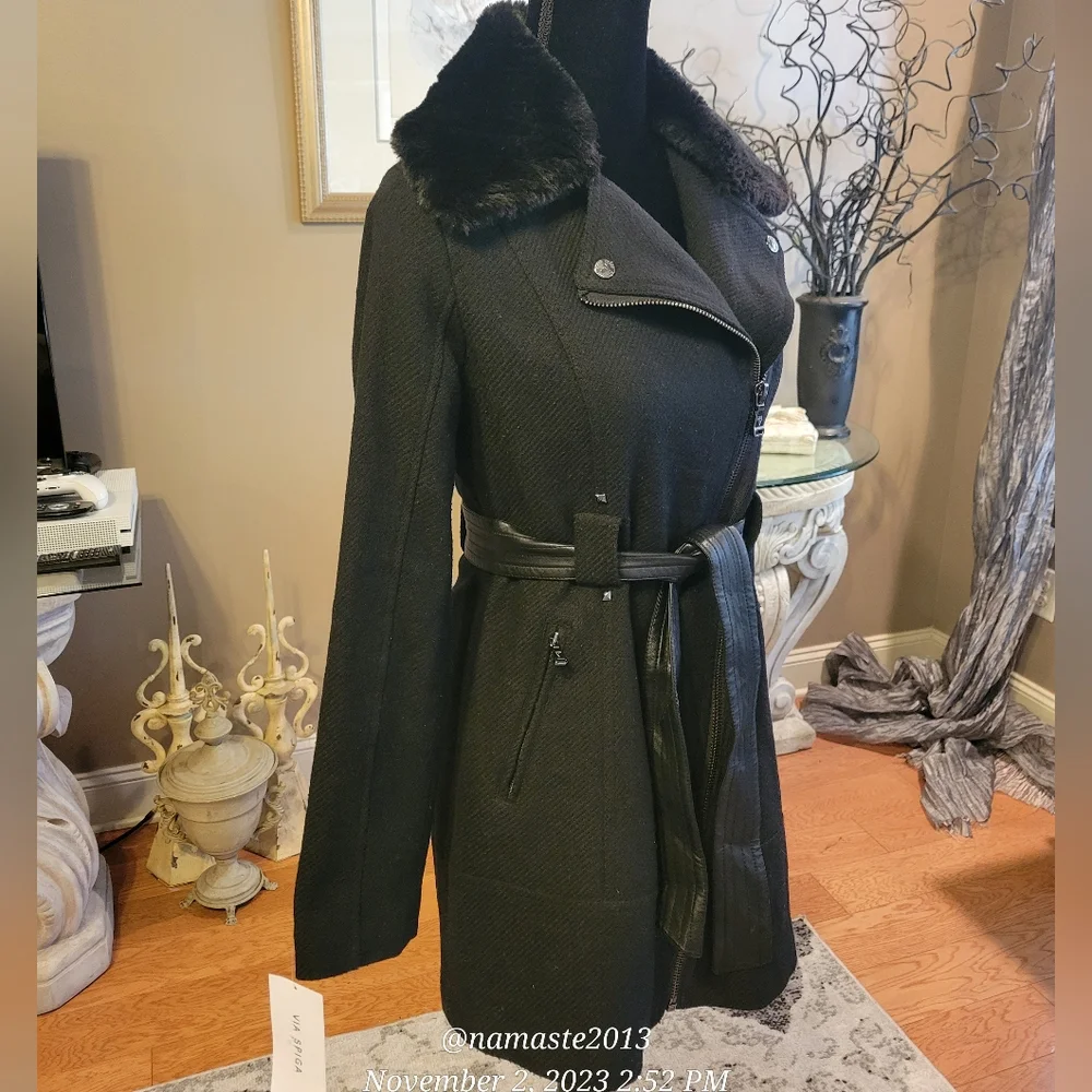 Guess Wool Blend Pea Coat Faux Fur Collar Leather Belt Studded Black Small #613 - Picture 8 of 14